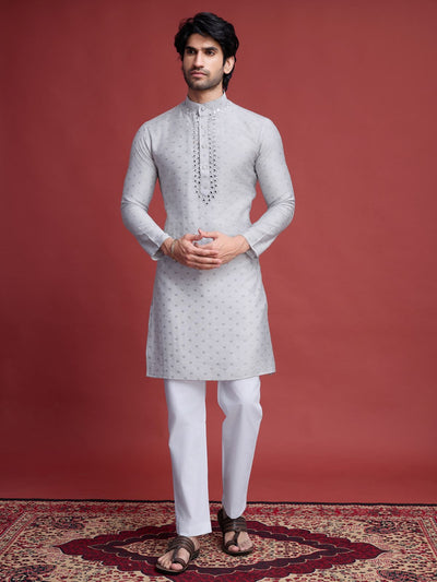 Odette Beige Viscose Rayon Mirror Work Stitched Kurta For Men