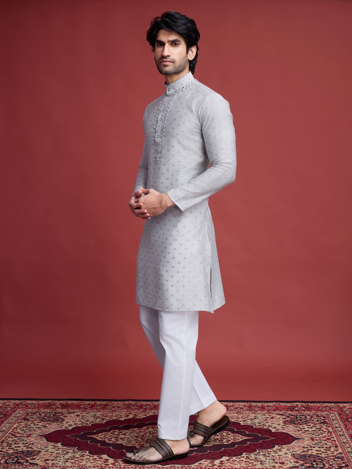 Odette Beige Viscose Rayon Mirror Work Stitched Kurta For Men