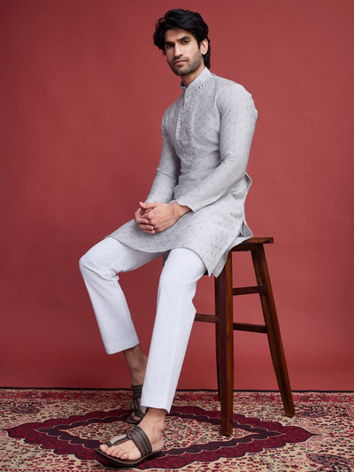 Odette Beige Viscose Rayon Mirror Work Stitched Kurta For Men