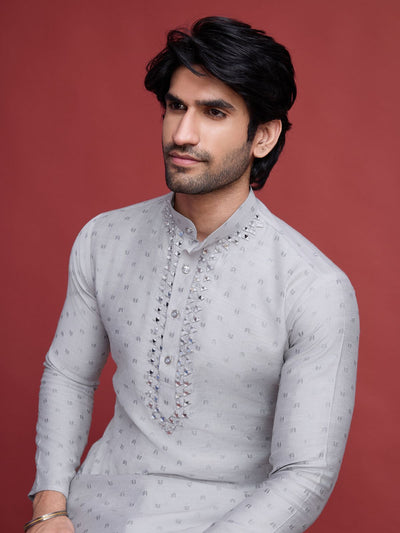 Odette Beige Viscose Rayon Mirror Work Stitched Kurta For Men