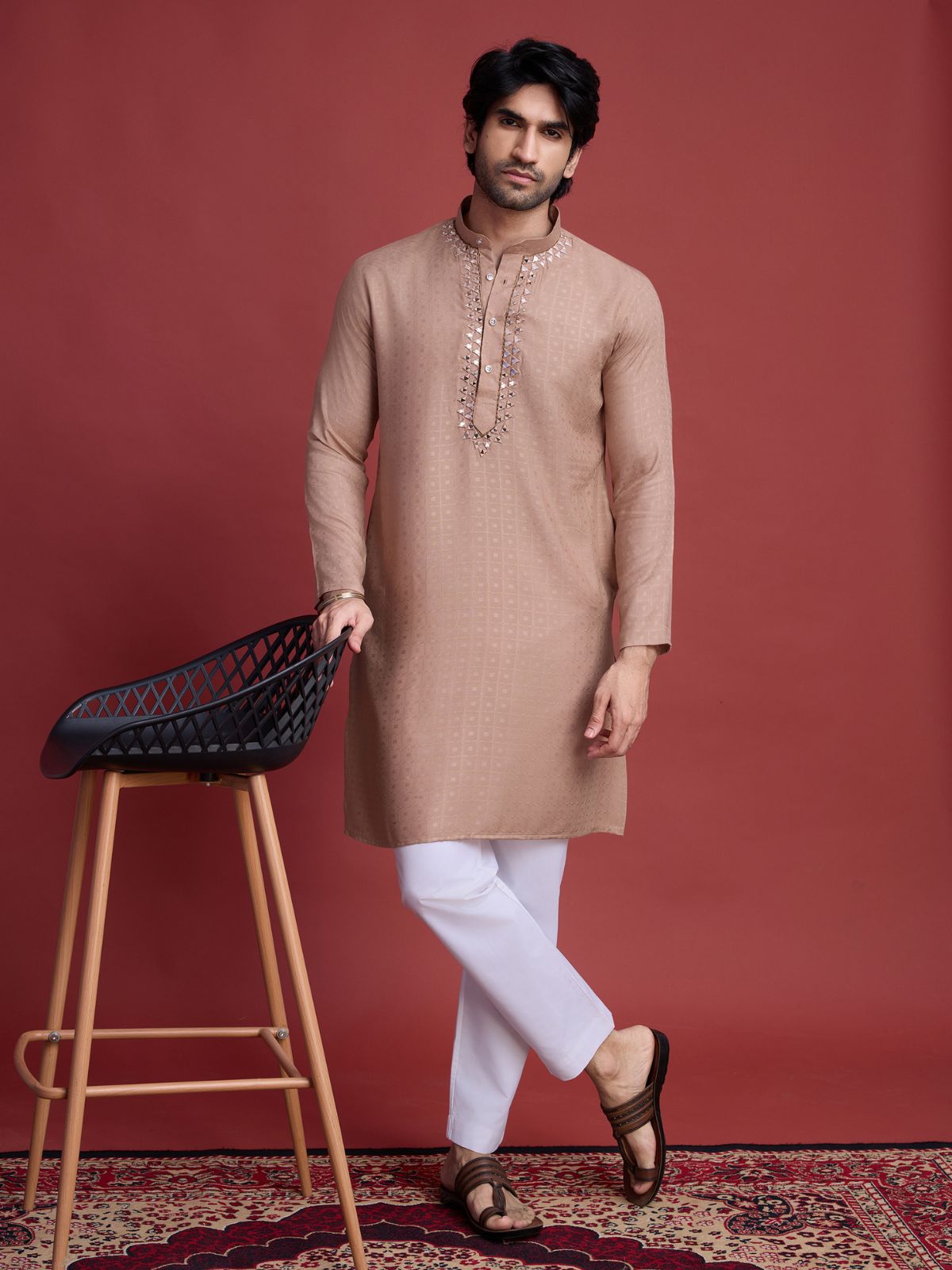 Odette Brown Viscose Rayon Mirror Work Stitched Kurta For Men