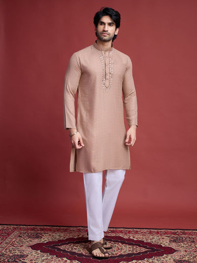 Odette Brown Viscose Rayon Mirror Work Stitched Kurta Set For Men