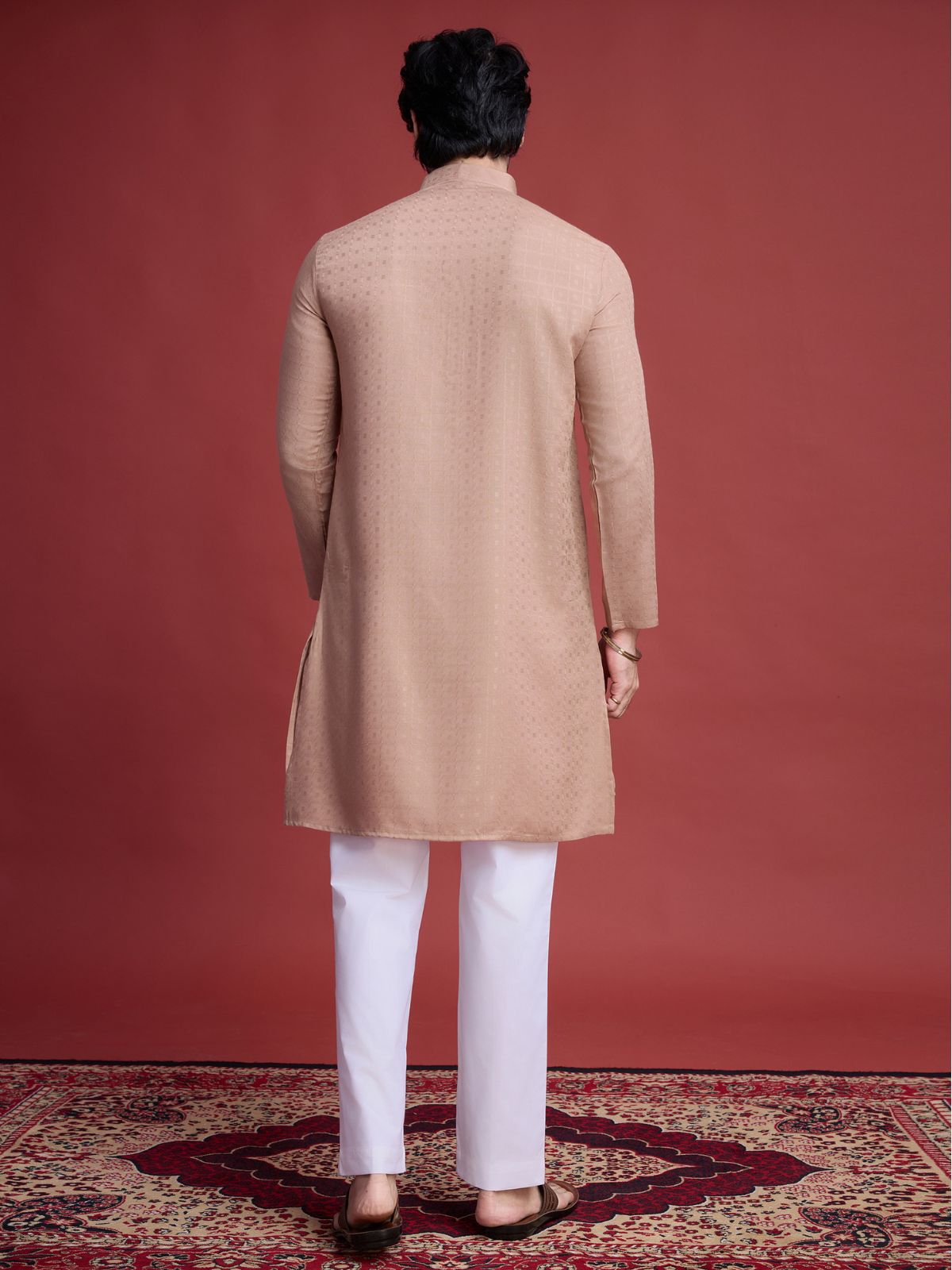 Odette Brown Viscose Rayon Mirror Work Stitched Kurta For Men