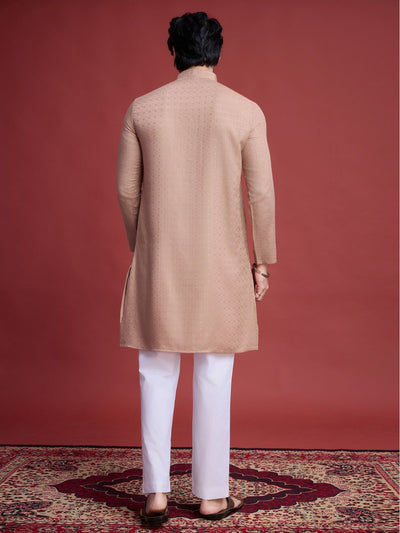 Odette Brown Viscose Rayon Mirror Work Stitched Kurta Set For Men