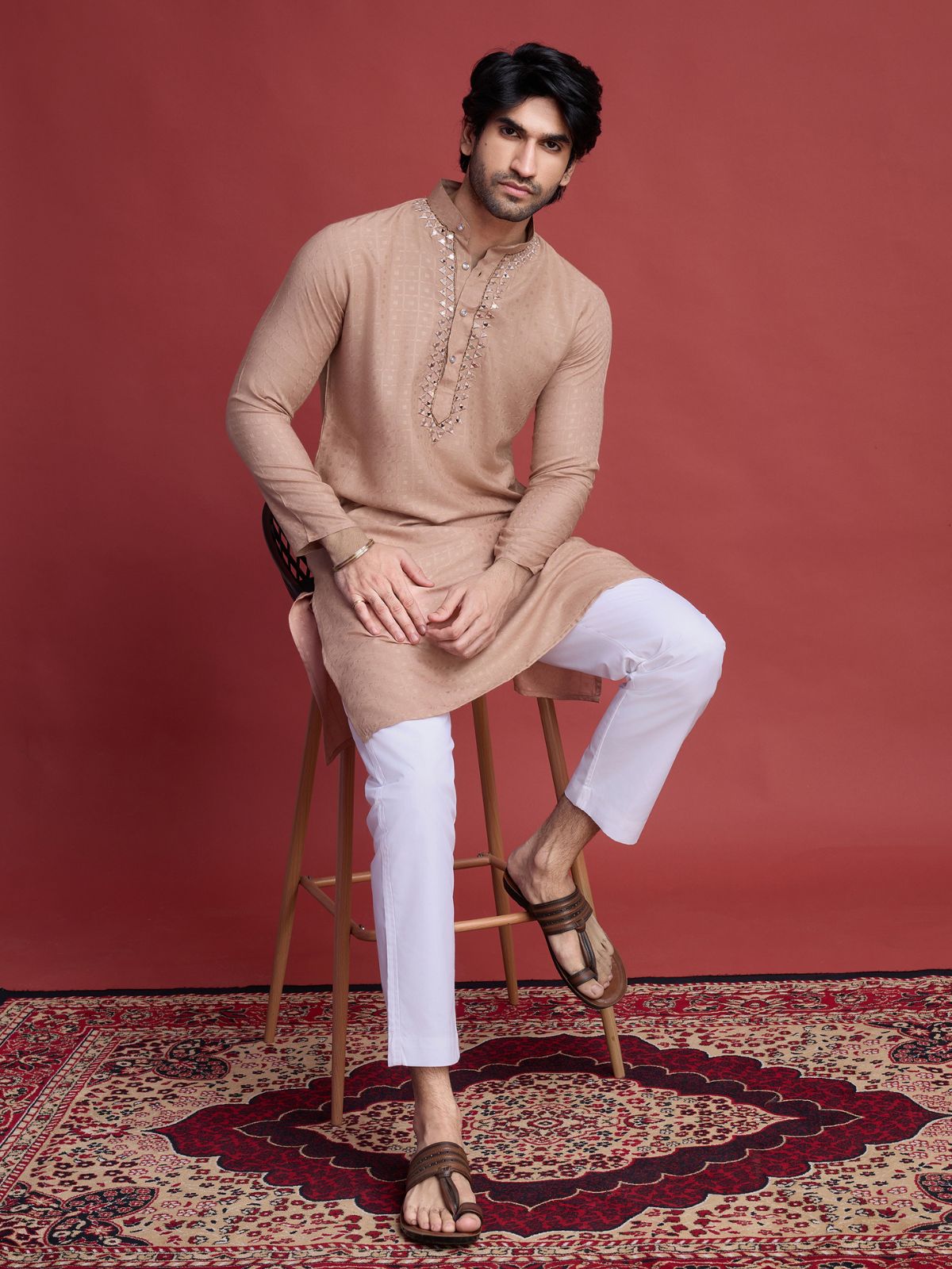 Odette Brown Viscose Rayon Mirror Work Stitched Kurta For Men