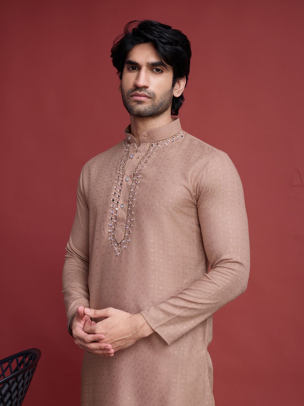 Odette Brown Viscose Rayon Mirror Work Stitched Kurta Set For Men