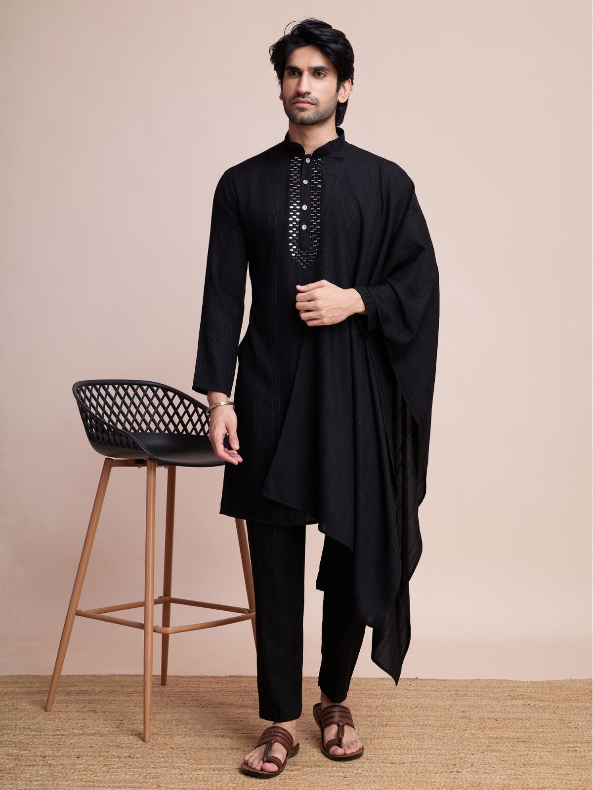 Odette Black Viscose Rayon Mirror Work Stitched Kurta Set For Men