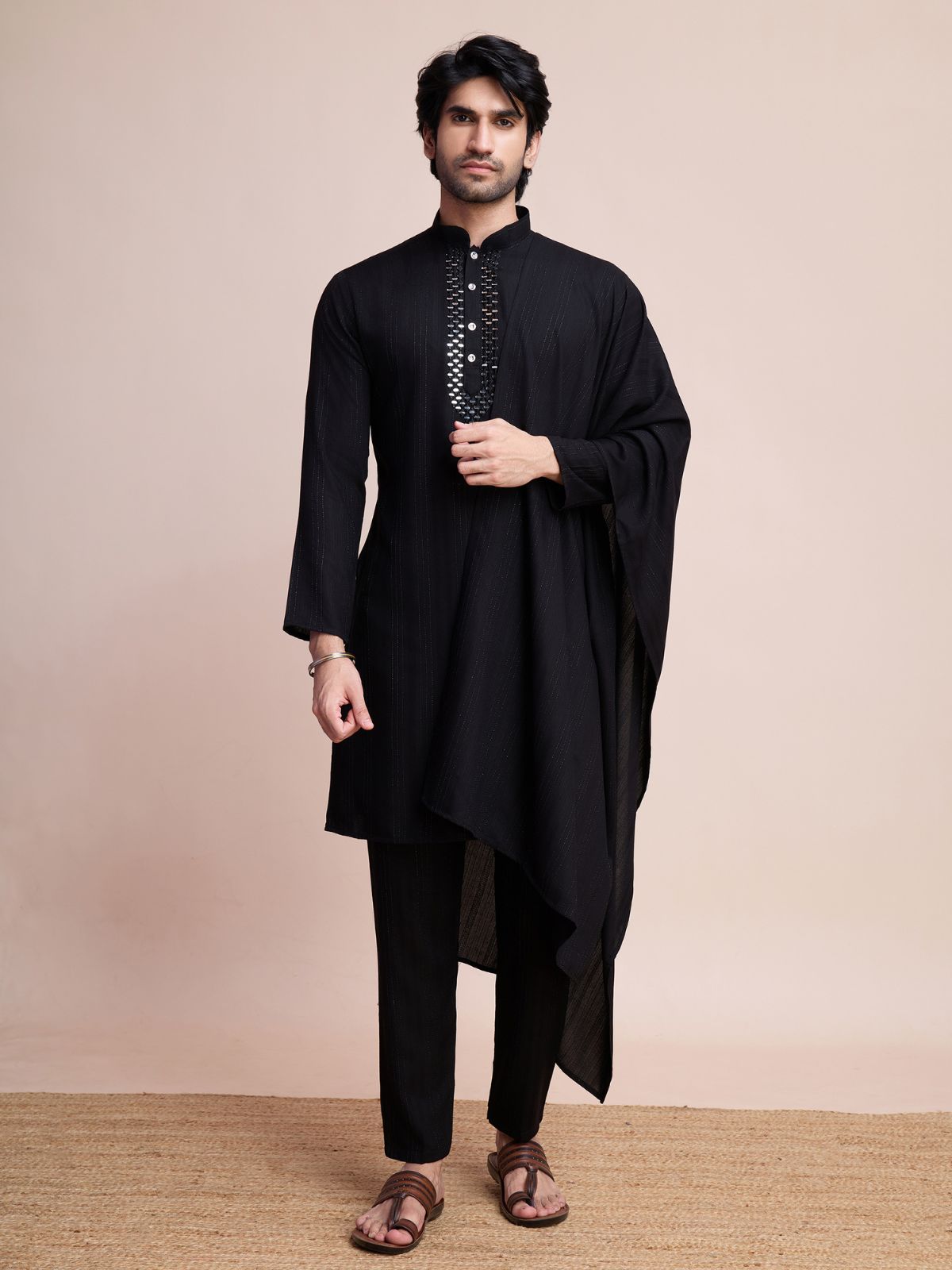 Odette Black Viscose Rayon Mirror Work Stitched Kurta Set For Men