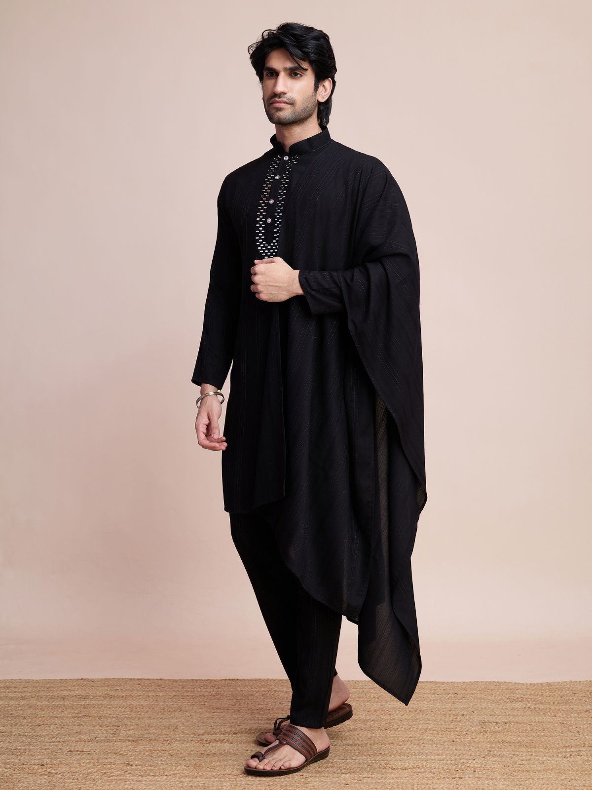 Odette Black Viscose Rayon Mirror Work Stitched Kurta Set For Men