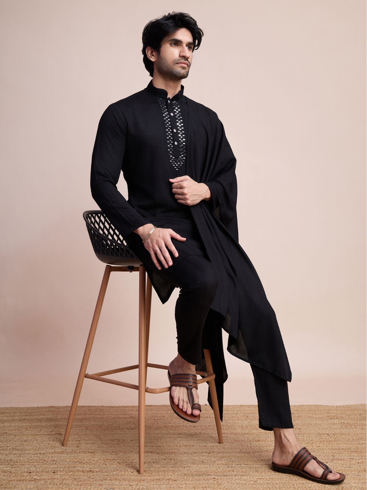 Odette Black Viscose Rayon Mirror Work Stitched Kurta Set For Men