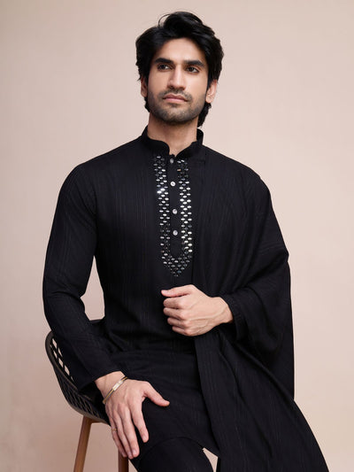 Odette Black Viscose Rayon Mirror Work Stitched Kurta Set For Men