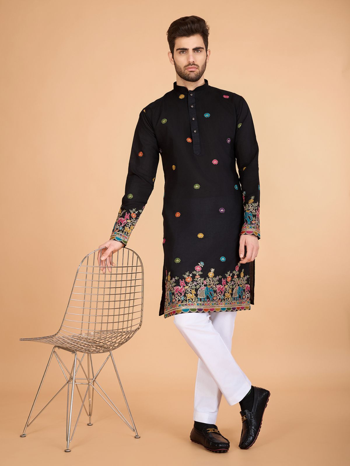 Odette Black Viscose Silk Stitched Kurta For Men