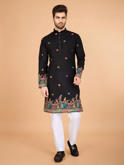 Odette Black Viscose Silk Stitched Kurta For Men