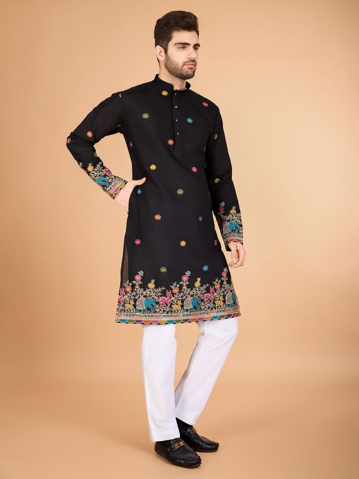 Odette Black Viscose Silk Stitched Kurta For Men