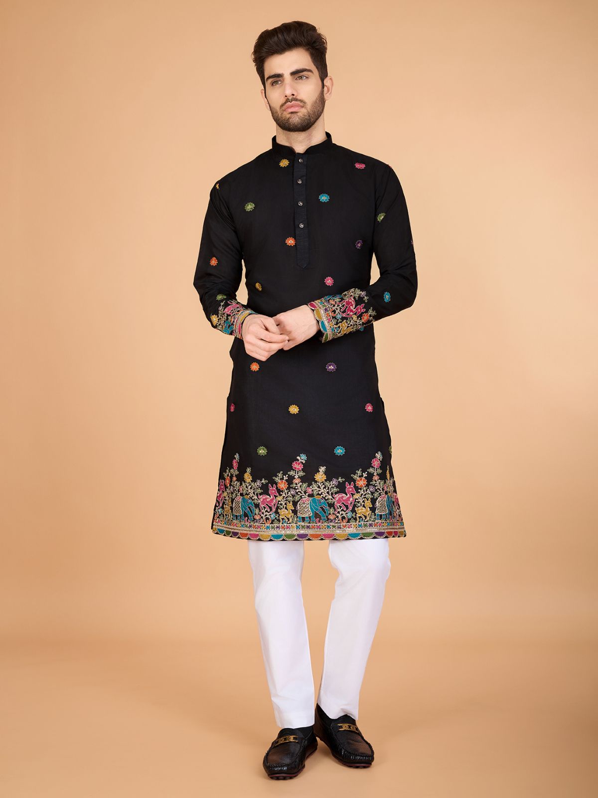 Odette Black Viscose Silk Stitched Kurta For Men