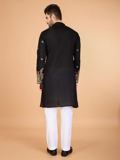 Odette Black Viscose Silk Stitched Kurta For Men