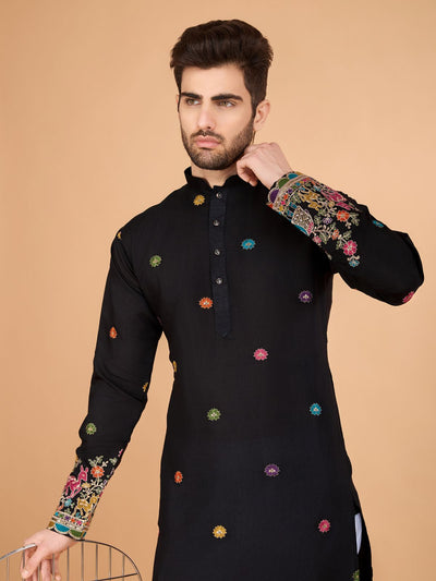 Odette Black Viscose Silk Stitched Kurta For Men