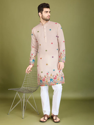 Odette Ivory Viscose Silk Stitched Kurta For Men