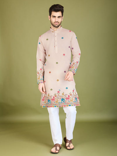 Odette Ivory Viscose Silk Stitched Kurta For Men