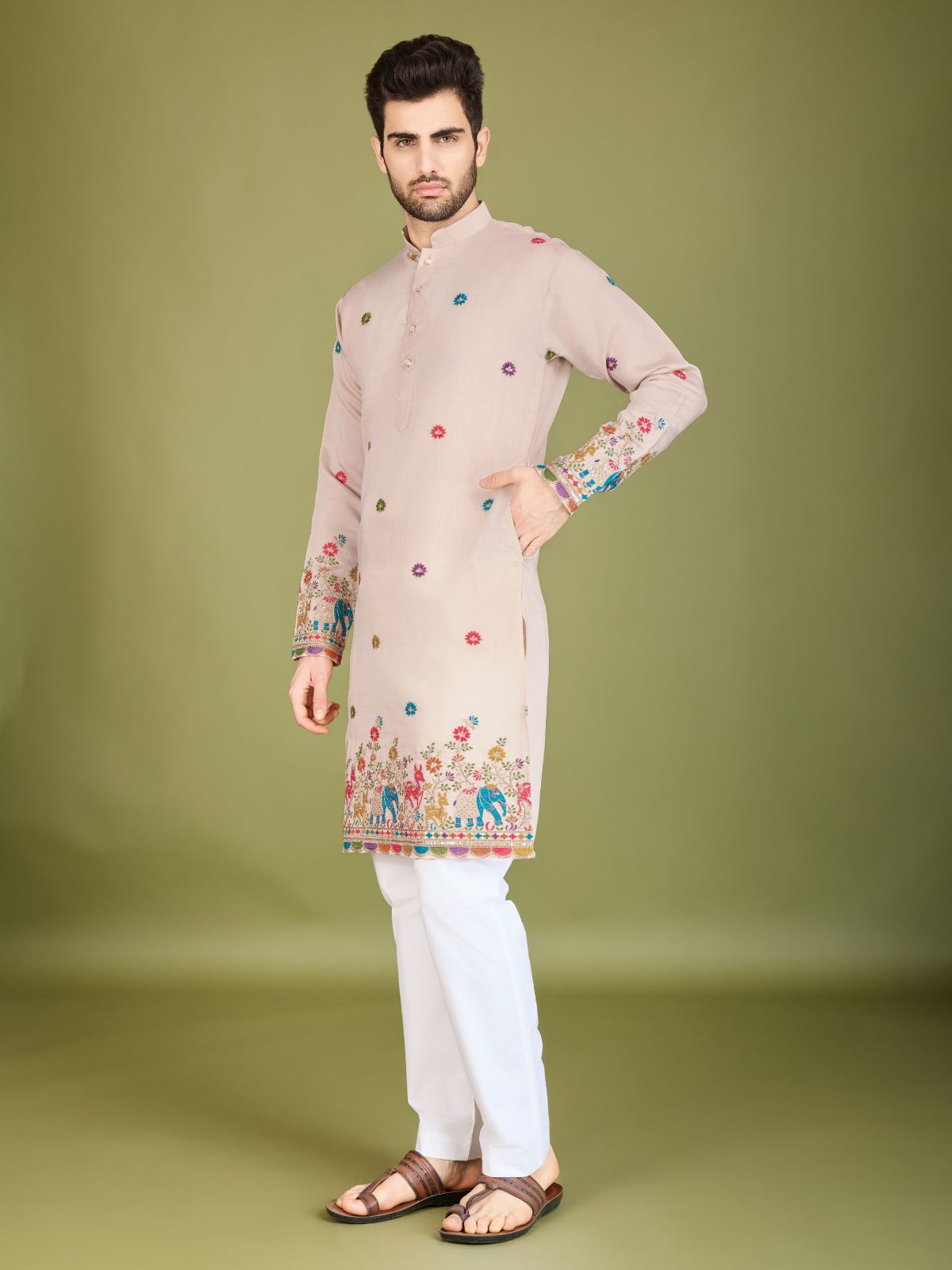 Odette Ivory Viscose Silk Stitched Kurta For Men