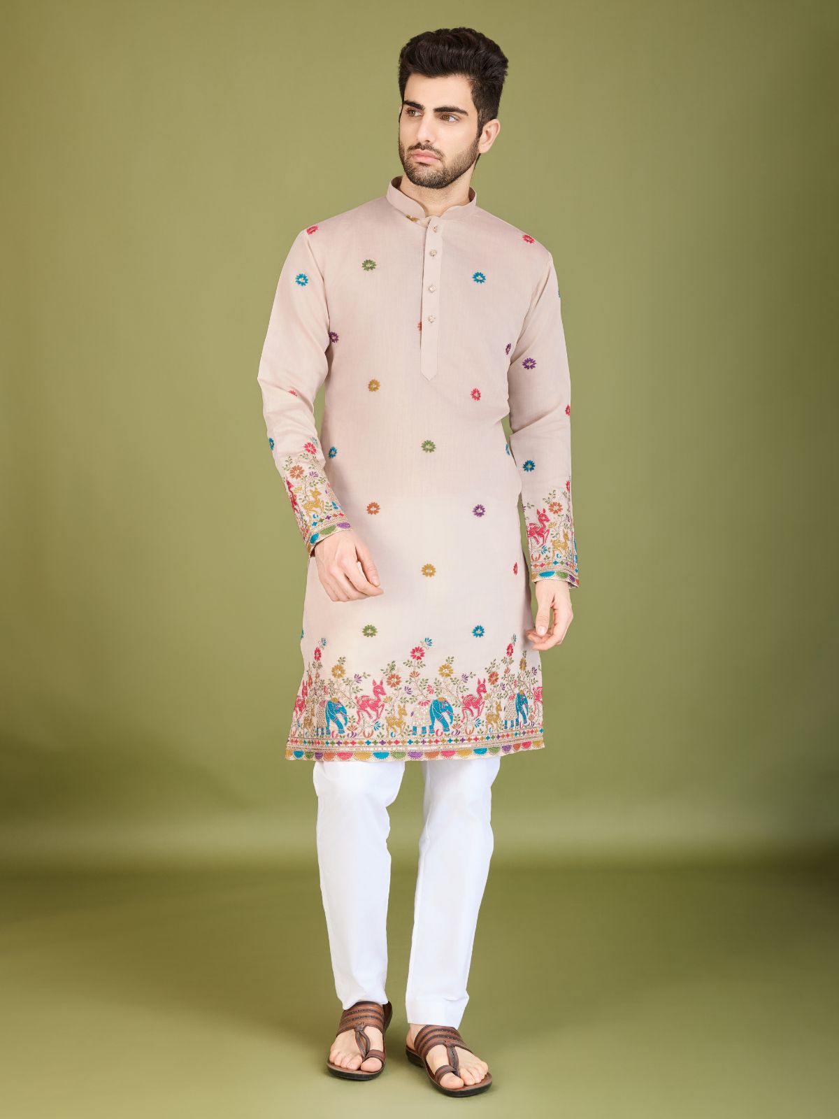 Odette Ivory Viscose Silk Stitched Kurta For Men