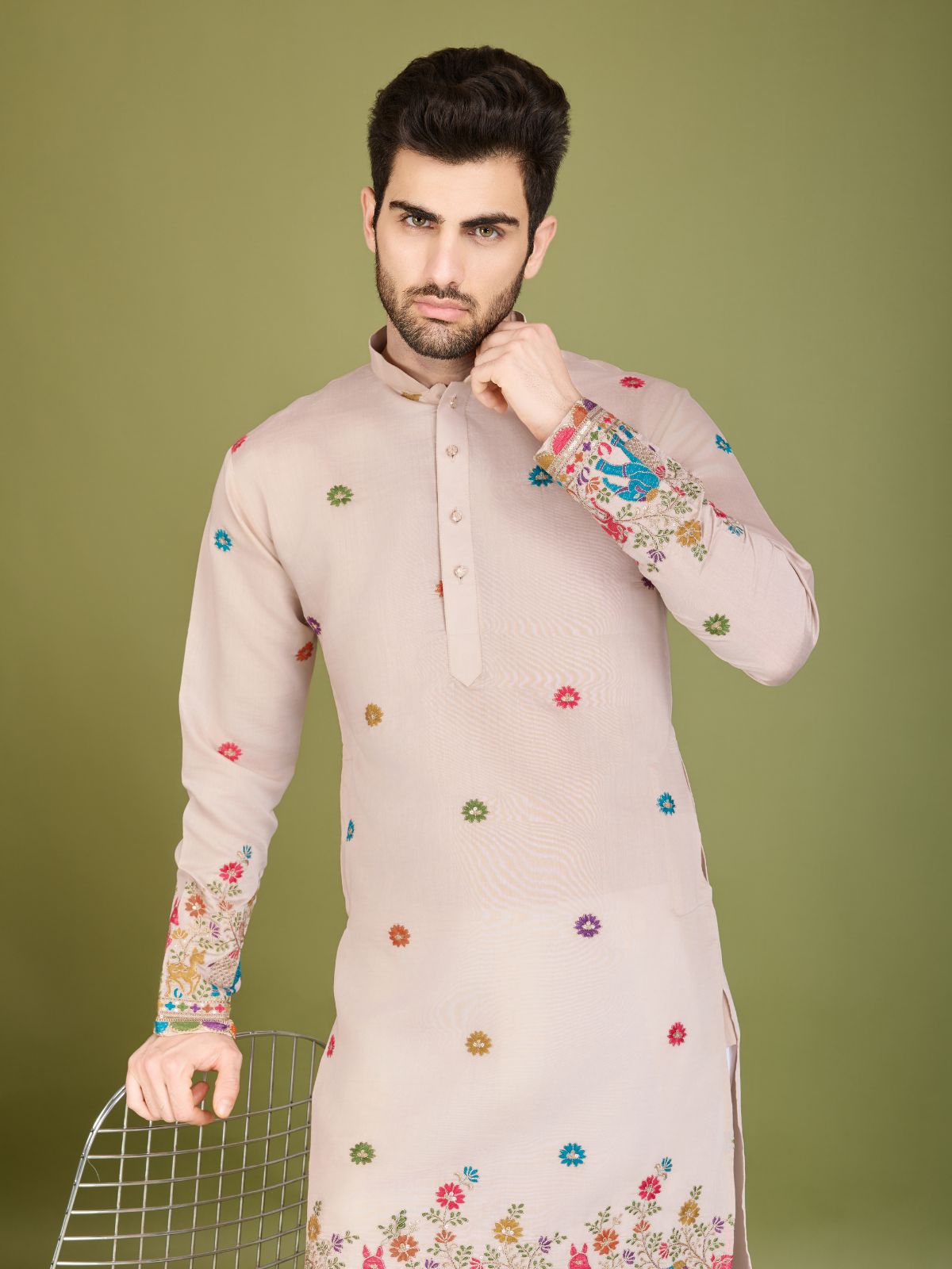 Odette Ivory Viscose Silk Stitched Kurta For Men