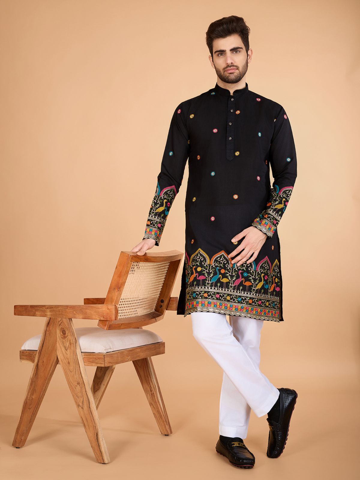 Odette Black Viscose Silk Stitched Kurta For Men