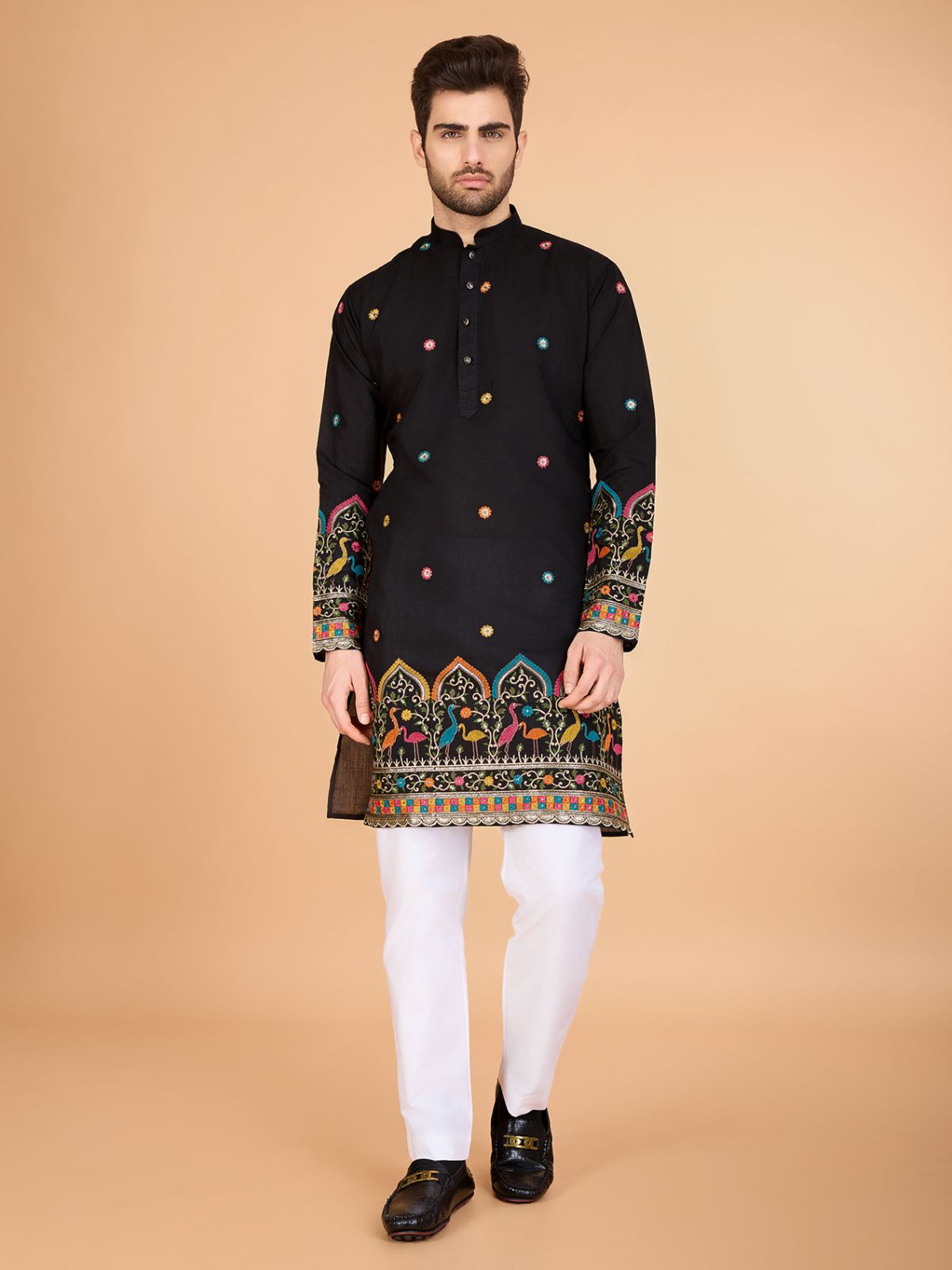 Odette Black Viscose Silk Stitched Kurta For Men