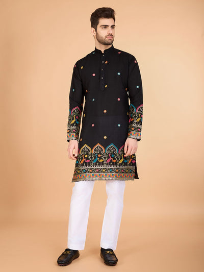 Odette Black Viscose Silk Stitched Kurta For Men