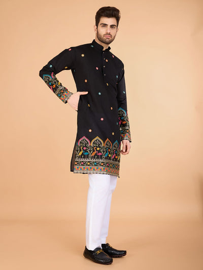 Odette Black Viscose Silk Stitched Kurta For Men