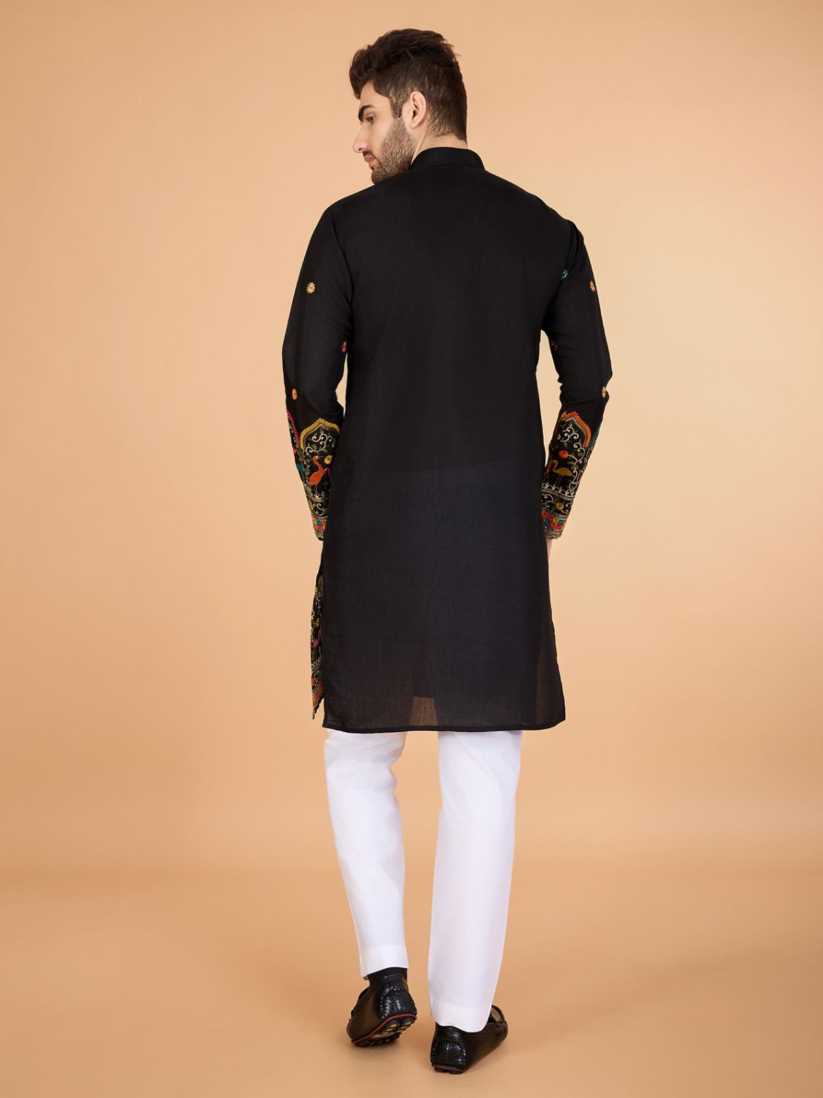 Odette Black Viscose Silk Stitched Kurta For Men