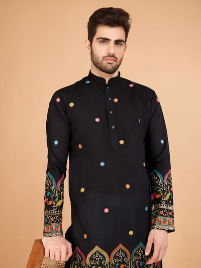 Odette Black Viscose Silk Stitched Kurta For Men