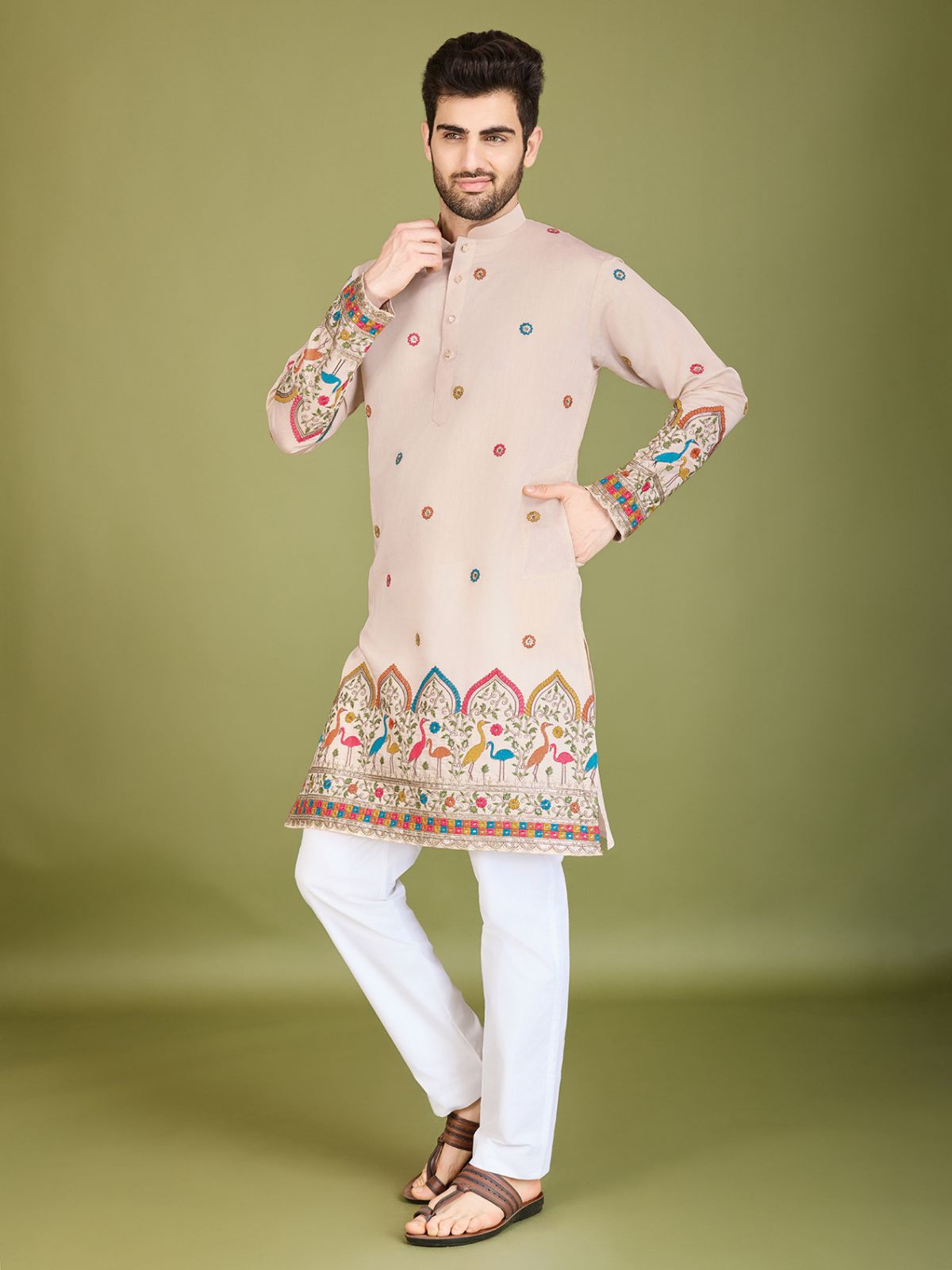 Odette Ivory Viscose Silk Stitched Kurta For Men