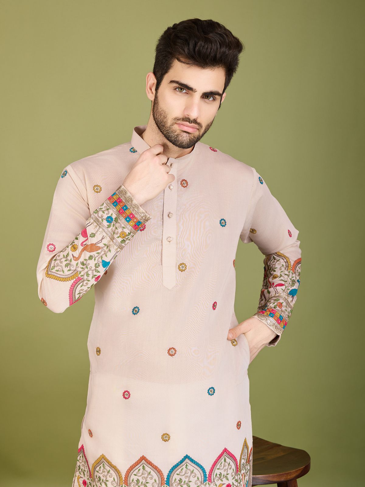 Odette Ivory Viscose Silk Stitched Kurta For Men