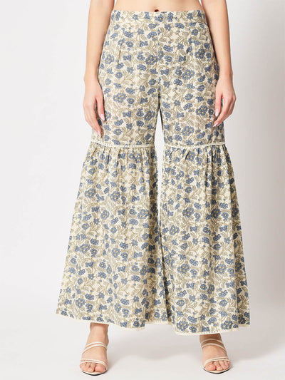 Odette - Classic Beige And Blue Cotton Printed Stitched Sharara Pant