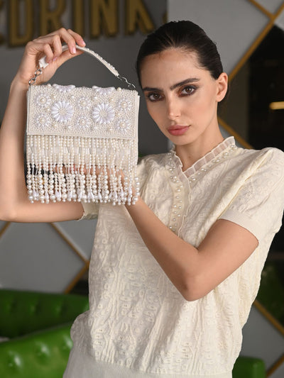 Odette White Tassels Embellished Clutch For Women