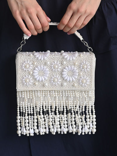 Odette White Tassels Embellished Clutch For Women