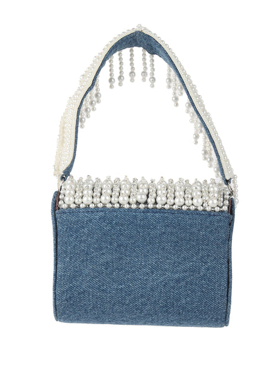 Odette Ornate Blue Denim Embroidered Clutch For Women