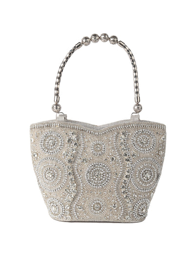 Odette Silver Cutdana Embroidered Clutch For Women