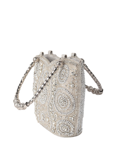 Odette Silver Cutdana Embroidered Clutch For Women