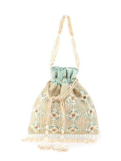 Odette Sea Green Embroidered Potli Bag For Women