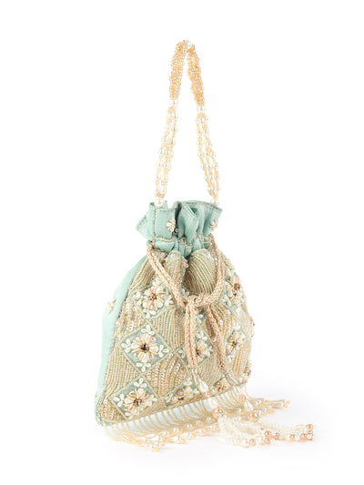 Odette Sea Green Embroidered Potli Bag For Women