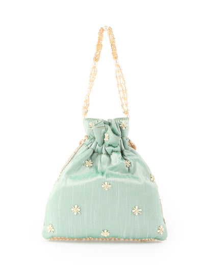 Odette Sea Green Embroidered Potli Bag For Women