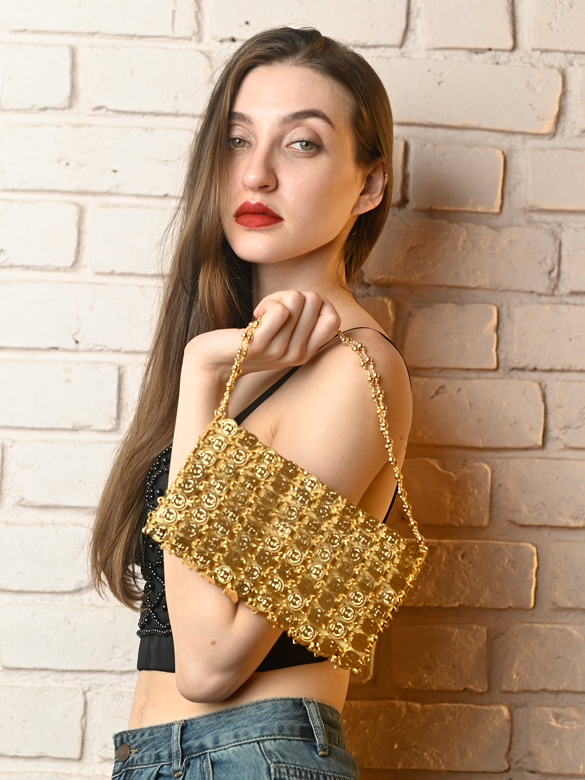 Odette Golden Metal Clutch For Women