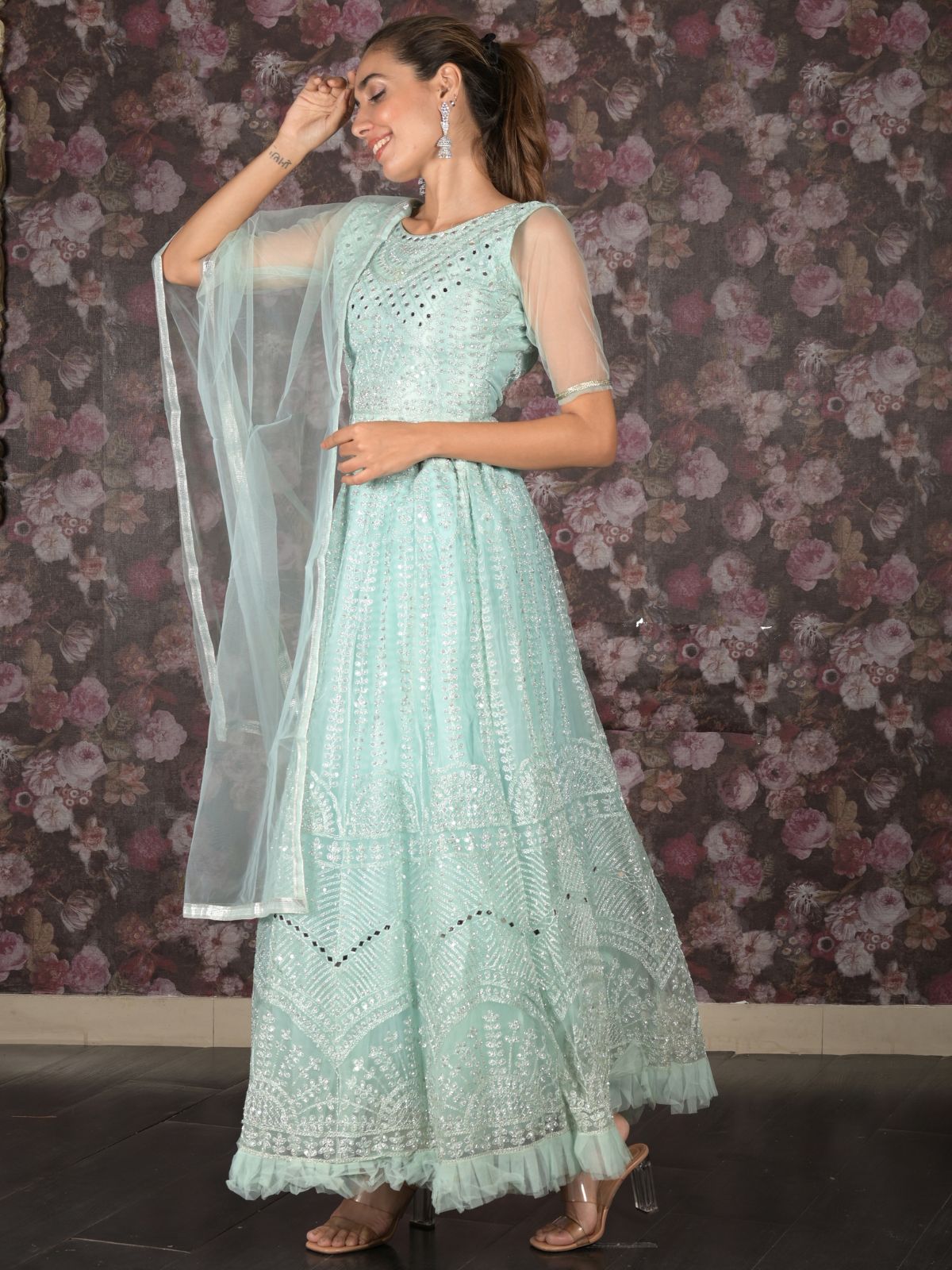 Odette Sea Green Mirror Embroidered Stitched Net Lehenga with Stitched Blouse for Women