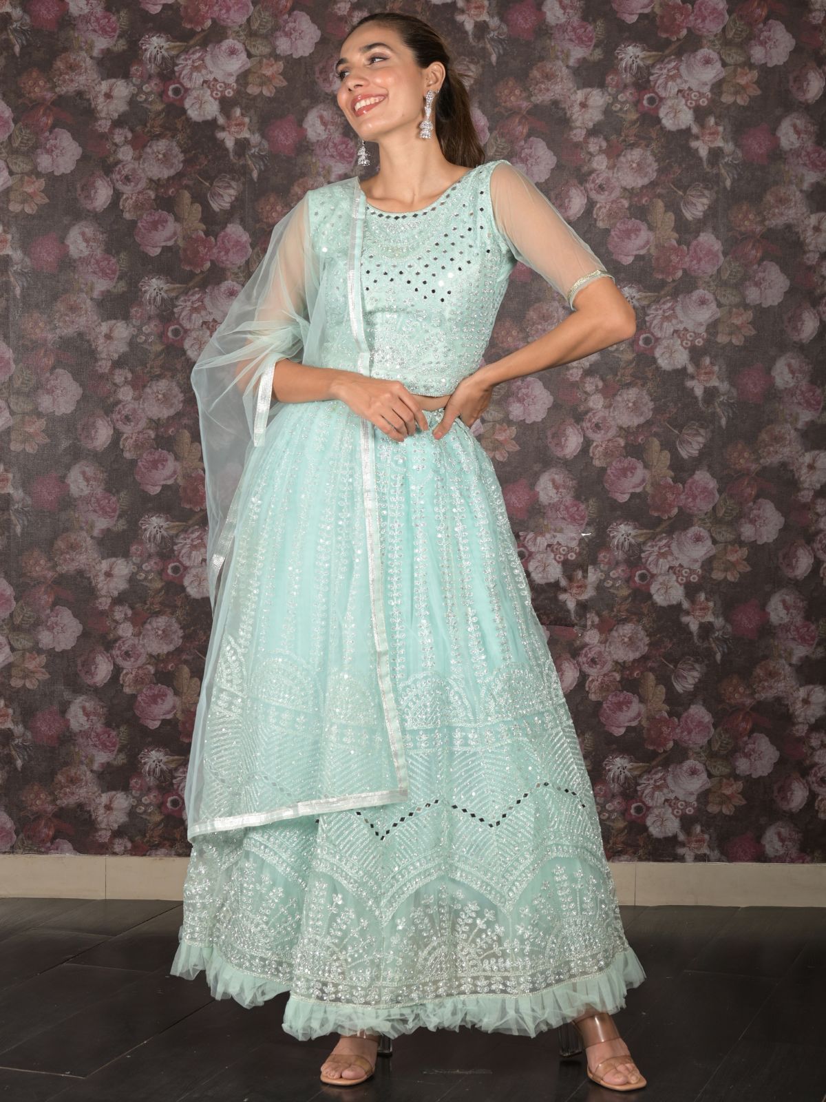 Odette Sea Green Mirror Embroidered Stitched Net Lehenga with Stitched Blouse for Women