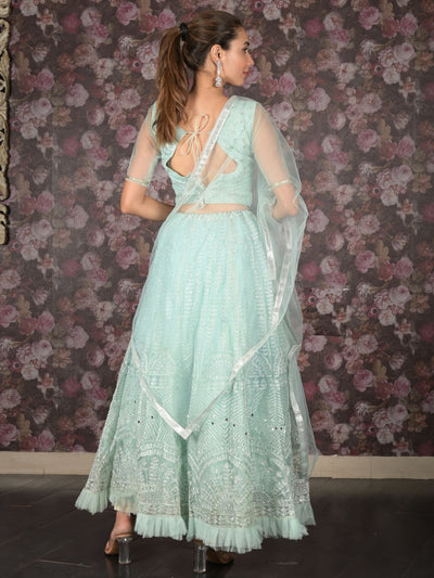 Odette Sea Green Mirror Embroidered Stitched Net Lehenga with Stitched Blouse for Women