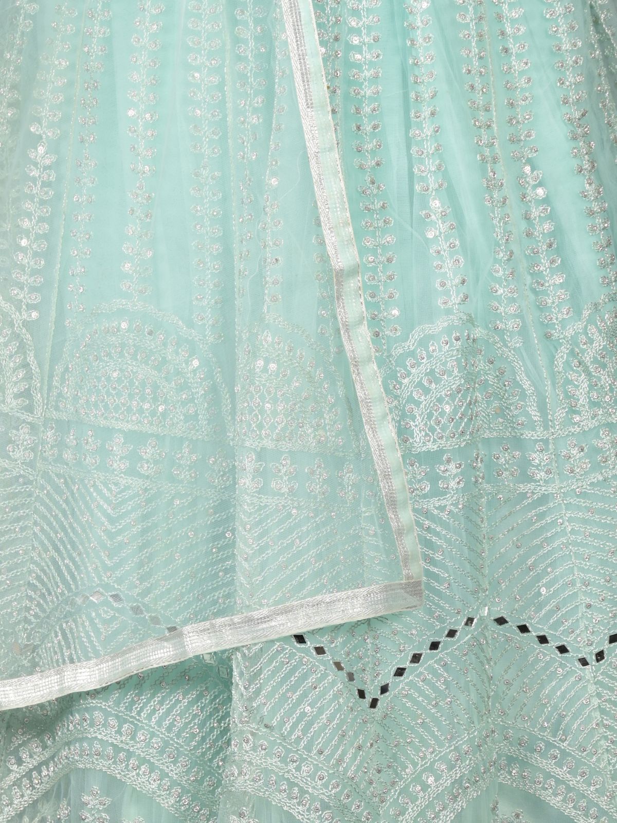 Odette Sea Green Mirror Embroidered Stitched Net Lehenga with Stitched Blouse for Women