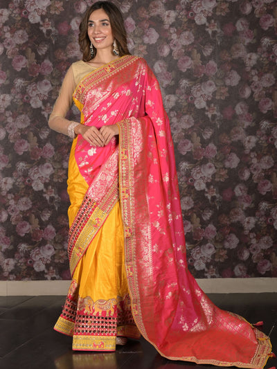 Odette Pink Silk Blend Embroidered Woven Saree with Unstitched Blouse for Women