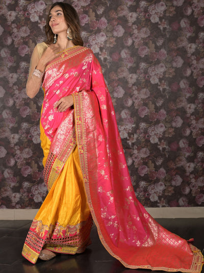 Odette Pink Silk Blend Embroidered Woven Saree with Unstitched Blouse for Women